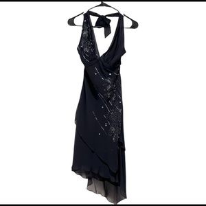 BCBG MAXAZRIA Black Halter Sequins Beaded Cocktail Asymmetrical Dress Size 4